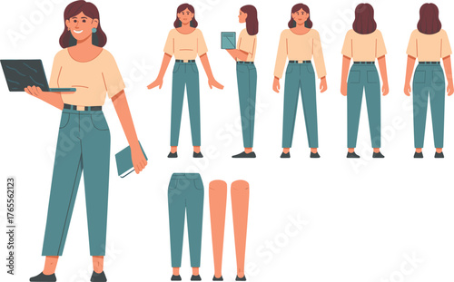 Business woman cartoon character design in various poses for animation