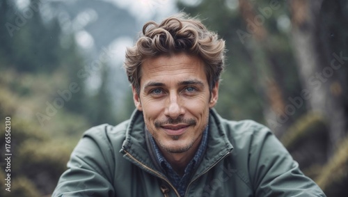 Handsome man with curly hair and warm smile in casual outdoor portrait with natural lighting and blurred background, conveying approachable masculine charm