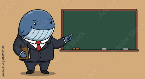 Cartoon Shark Businessman Teacher Character in Suit Presenting at Blackboard Classroom Education Concept