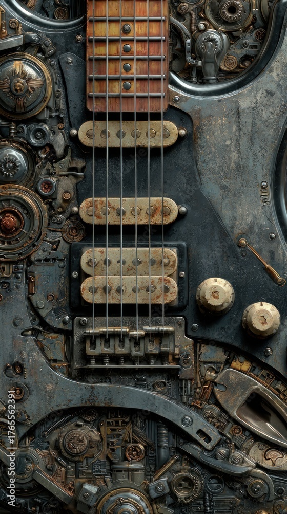 Fototapeta premium A detailed, artistic guitar showcasing intricate mechanical designs, combining elements of steampunk and vintage aesthetics.