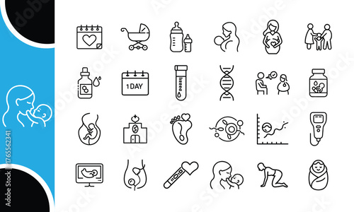Collection of simple line art icons representing pregnancy childbirth and newborn baby care with medical and family themes