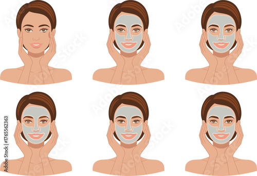 Beauty routine woman applying facial mask skincare treatment concept vector illustration