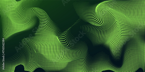 Dot green wave light screen gradient texture dark background. Abstract  technology big data digital background. 3d rendering.