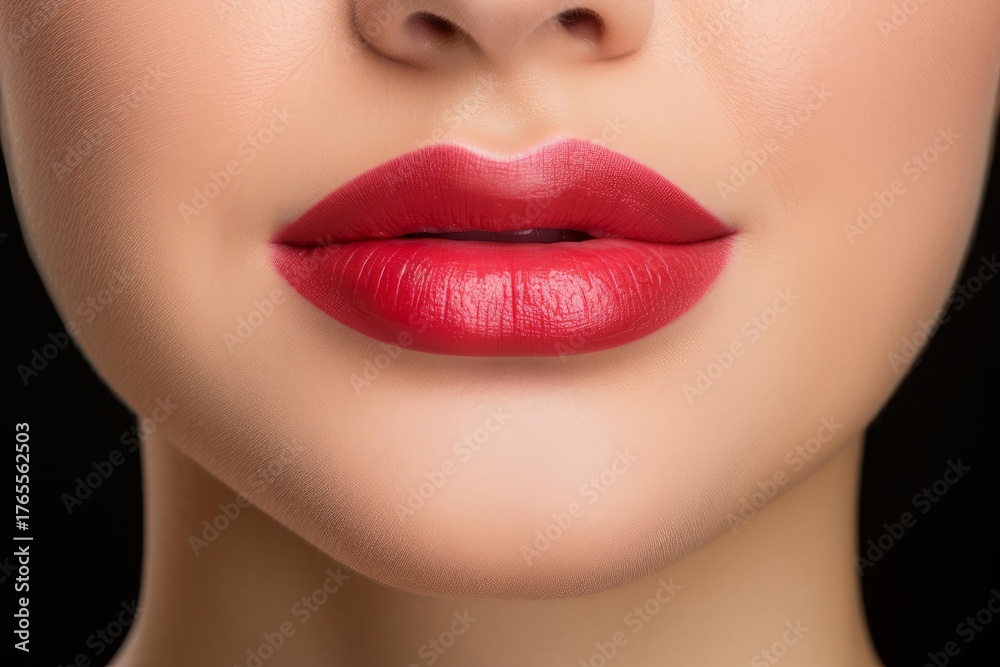 Obraz premium Plump lips with perfect red lipstick on a woman with flawless skin create a striking image of beauty