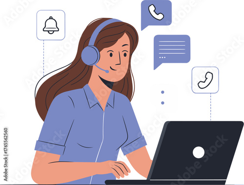 Woman working as customer support operator on laptop illustration