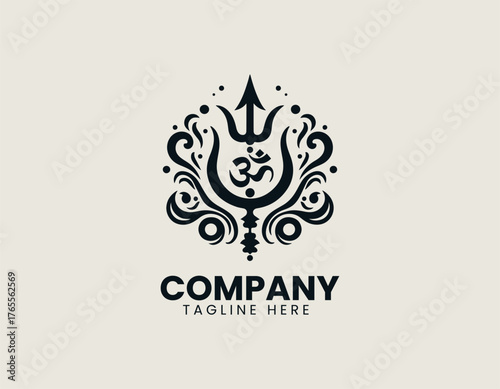 Intricate Hindu holy symbols vector illustration combining Lord Shiva's Trishula, sacred Om symbol, and Damaru drum. Religious icon concept