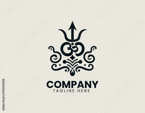 Intricate Hindu holy symbols vector illustration combining Lord Shiva's Trishula, sacred Om symbol, and Damaru drum. Religious icon concept