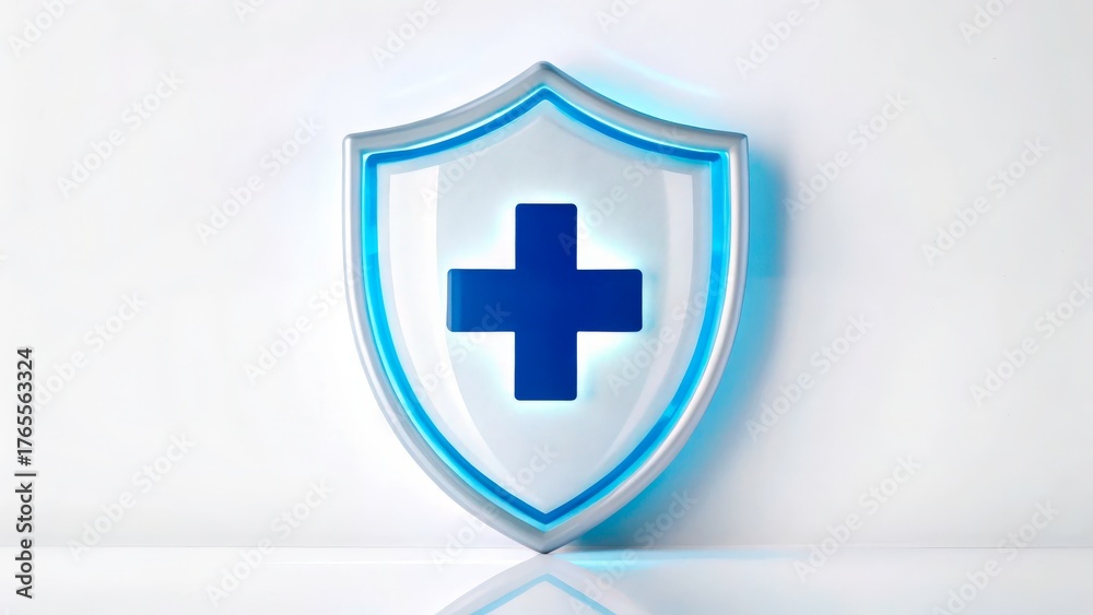 Fototapeta premium Blue cross symbol on a shield with glowing edges to represent health and protection in modern design