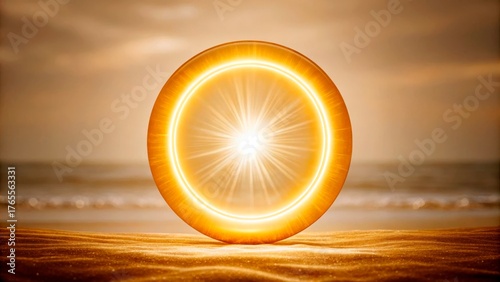 Sunset glow over a tranquil beach with a shining circular object and soft sand