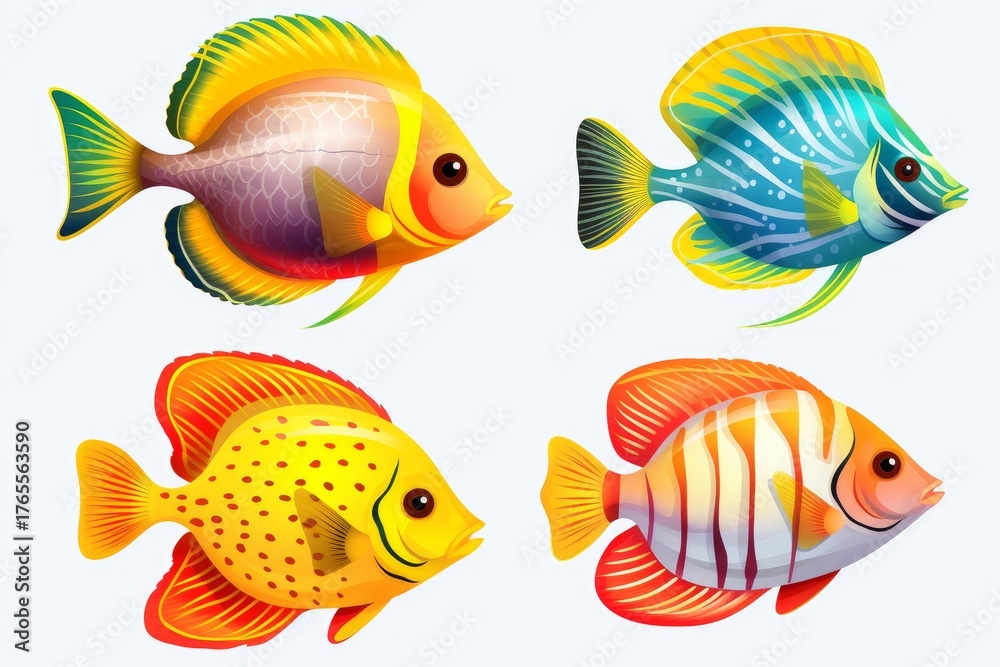 Naklejka premium Four colorful tropical fish are swimming in the ocean, showcasing vibrant colors and patterns