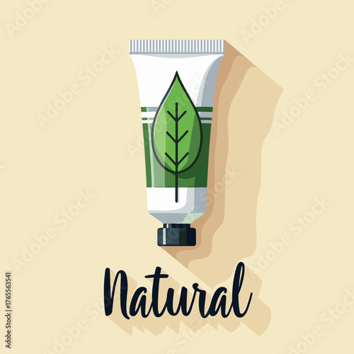 Cream tube displayed with a green leaf, showcasing natural ingredients for skincare. Cream tube features organic plant extract, promising healthy and eco-friendly beauty solutions.