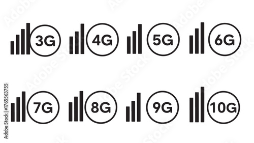 Wireless network generation icons from 3g to 10g sleek silhouette on transparent background