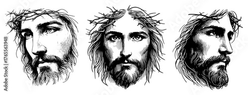 Jesus Christ portrait trio with crown of thorns detailed hand-drawn engraving vector illustration.