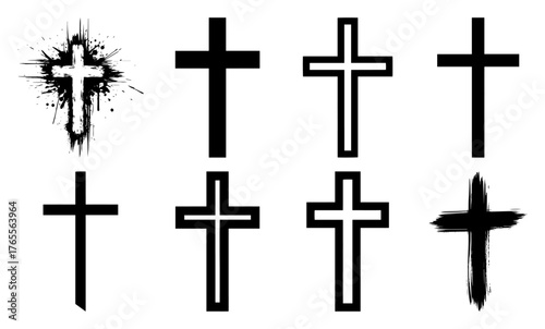 Minimalist cross symbol variations set including grunge paint splatter and outline crucifix vector icons.