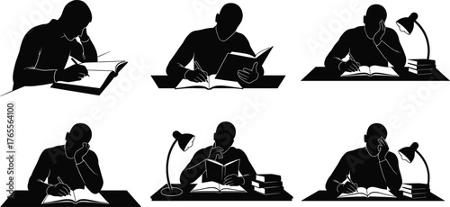 Focused student studying at desk, reading book, distance learning, educational research with desk lamp, stock photo