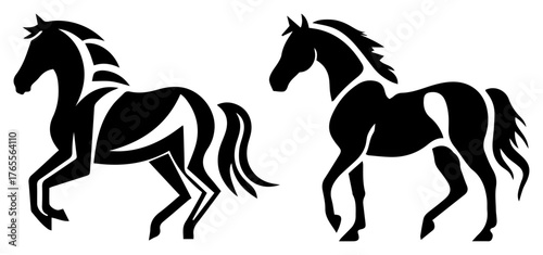 Stylized horse silhouettes trotting elegant equine logo set vintage engraving vector illustration