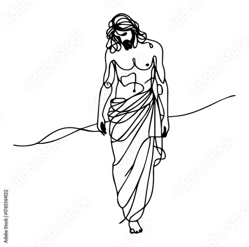 One line drawing of Jesus walking humble pose minimal continuous outline Christian artwork