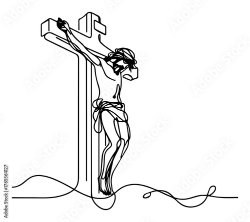 Continuous line art crucifixion of Jesus on cross minimal single stroke passion vector illustration