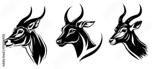 Antelope gazelle heads silhouette set with elegant curved horns wildlife safari animal vector illustration