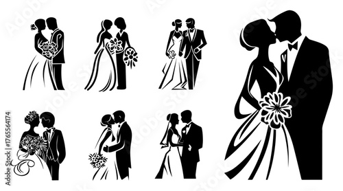 Wedding couple silhouette poses bride and groom kissing holding bouquet romantic vector illustration set