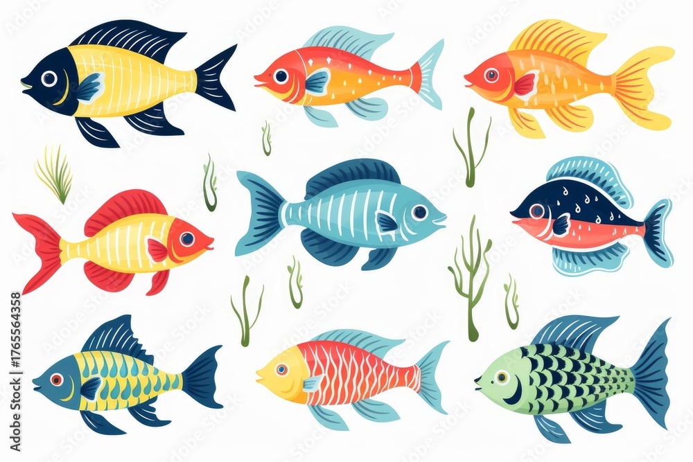 Naklejka premium Nine colorful tropical fish swimming in an aquarium with algae