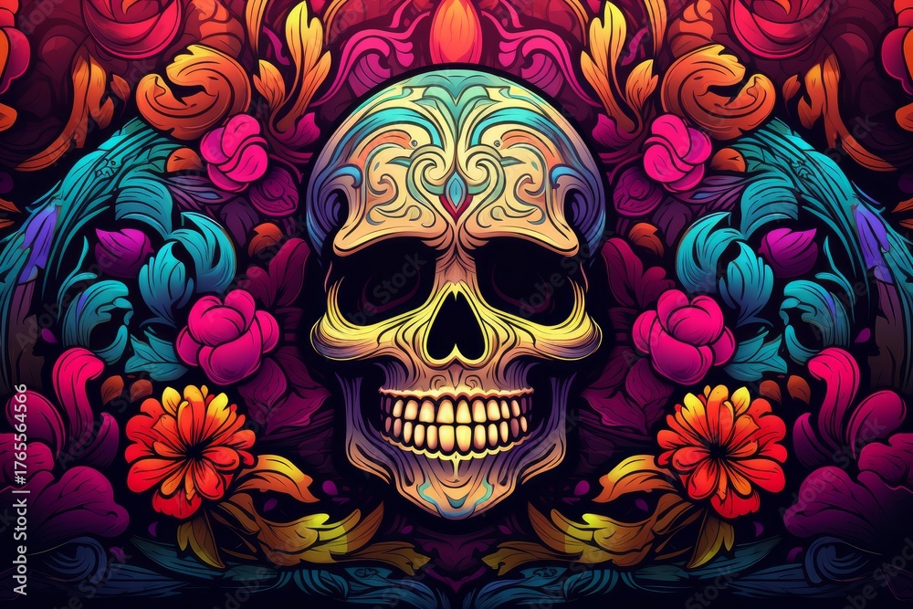 Fototapeta premium Stylized calavera skull, adorned with intricate patterns, takes center stage against a backdrop of vibrant, swirling floral designs