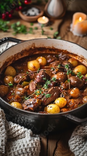 Rich venison stew simmers with golden potatoes and wild mushrooms, served in a cast-iron pot