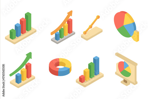 Isometric Graph and charts icon. Graph and charts concept 3d isometric icons set. Bundle elements of bar and pie chart, segment, pyramid, arrows, data analysis, statistics and other.