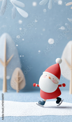 Playful Santa Claus ice skating on frozen lake, snowy winter wonderland, cheerful cartoon 3D design, vertical image fun holiday Christmas Festive