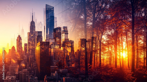 A composite image blending a modern city skyline with a tranquil autumn forest during a golden sunset.