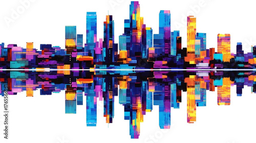 Abstract digital cityscape with vibrant colors and reflections, resembling an equalizer or sound wave.