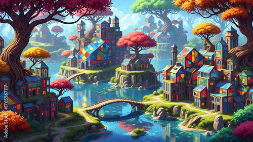 Vibrant and colorful fantasy landscape featuring a whimsical town with unique architecture and reflections.