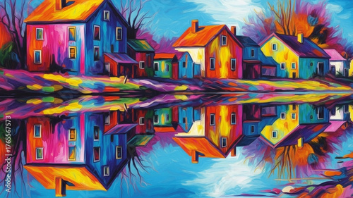 A vibrant and colorful painting of a village with houses reflected perfectly in the calm water of a river.