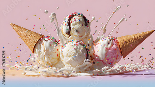 Deconstructed ice cream sundae with scoops, syrup trails, sprinkles, and cones levitating above a pastel surface