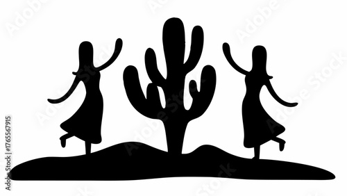 Dancing silhouettes celebrate desert life, vibrant energy of nature, community connection, fun times