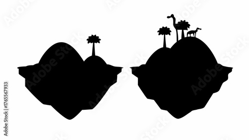 Silhouette island paradise with palm trees and animals creates a mystical, whimsical fantasy world