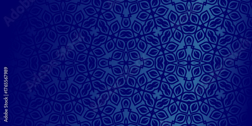 Deep Blue Ornamental Seamless Pattern Background, Dark Indigo Geometric Mandala Vector Design, Elegant Navy Blue Moroccan Style Abstract Wallpaper