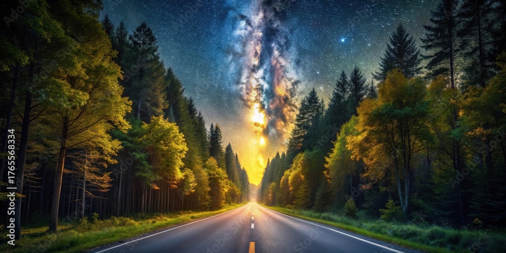 Naklejka premium Asphalt Path Under Celestial Canvas A Journey Through an Enchanting Forest at Dawn