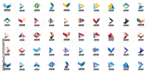 Multiple variations logo design. Colorful geometric shapes create dynamic visual identity. Text ARROW appears below each icon.
