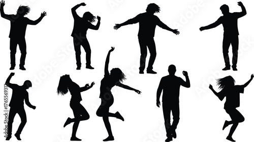 Silhouette people dancing and jumping with energetic motion, party celebration poses collection for music dance design