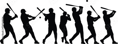 Silhouette sequence of baseball player swinging bat and hitting ball in dynamic action poses for design
