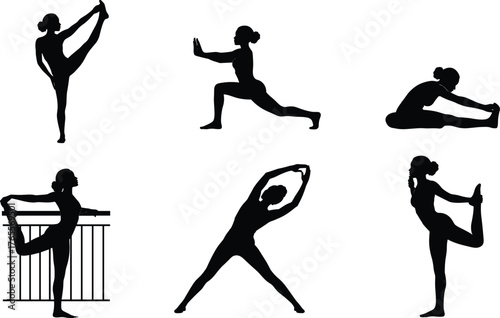 Silhouette set of athletic women doing stretching yoga warm-up exercise poses for fitness training vector illustration