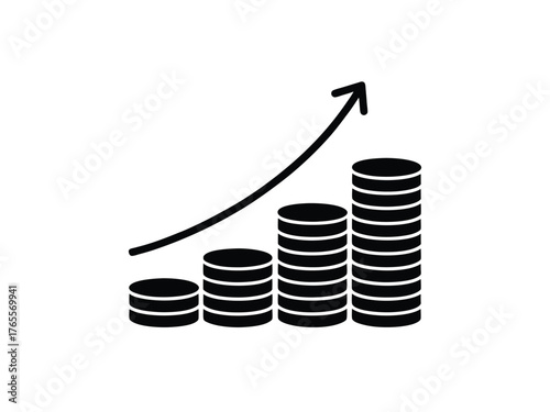 Growing Stacked Coins with Upward Arrow Icon on White Background Keywords: coin, coins, money, currency, finance