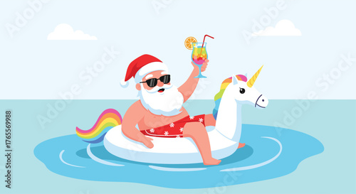 Santa Claus relaxing on a unicorn float with a cocktail.