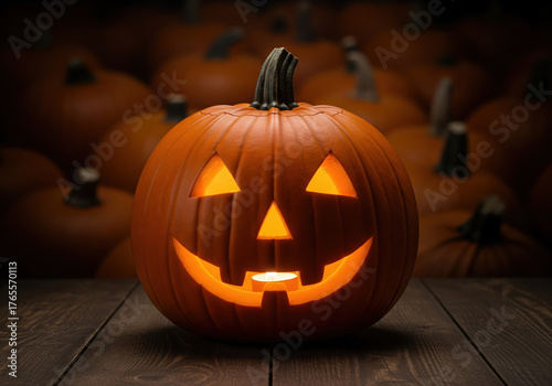 Glowing Halloween Jack O Lantern Pumpkin Carved With a Spooky Face in the Dark