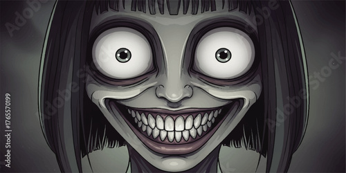 Illustration of a creepy Momo demon character featuring large eyes, a wide grin, and eerie expression