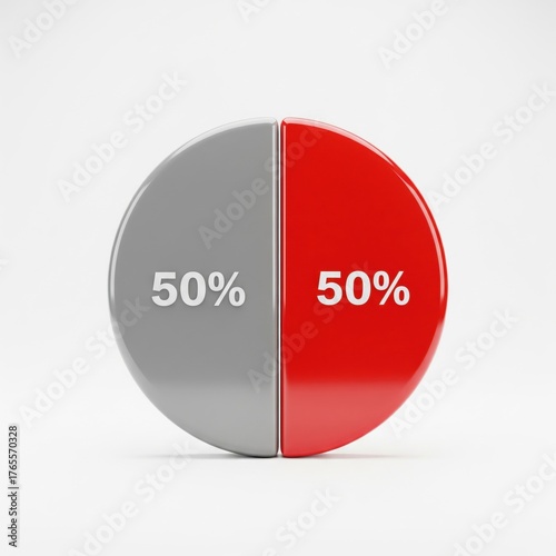 3D Pie Chart and Graph Showing 50 Percent in Equal Red and Grey Half Sections for Data Visualization