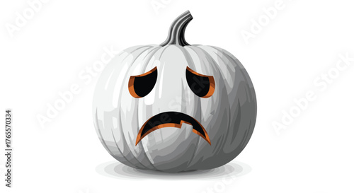 Sad White Pumpkin with Carved Frown Face.