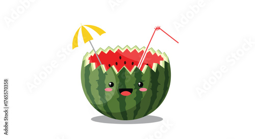 Cute watermelon drink with umbrella and straw, refreshing summer beverage.