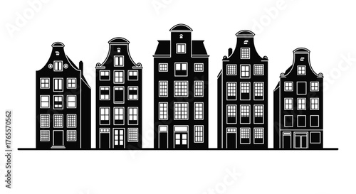 Monochrome graphic vector of historic Amsterdam architecture buildings.